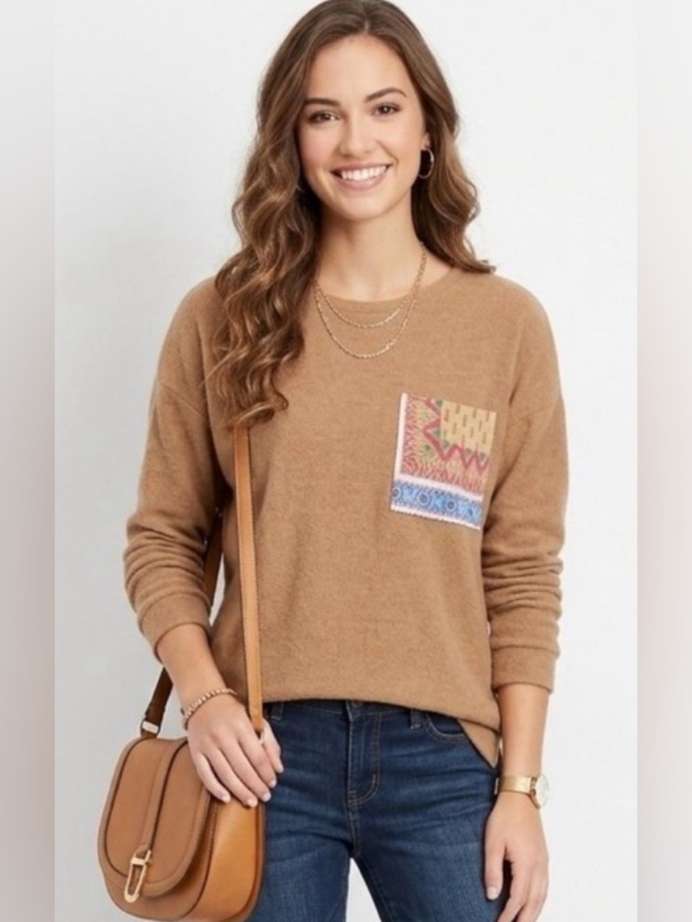 Cozy Camel Crewneck Sweater with Embroidered Patch Pocket